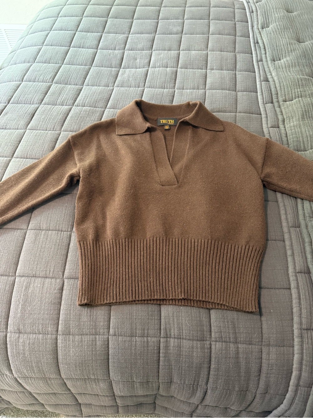 Truth Brown V-Neck Collared Ribbed-Hem Sweater - Women